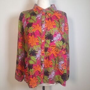 CC California Floral/Animal Print 100% Linen Hi/lo Button Front Size 1X